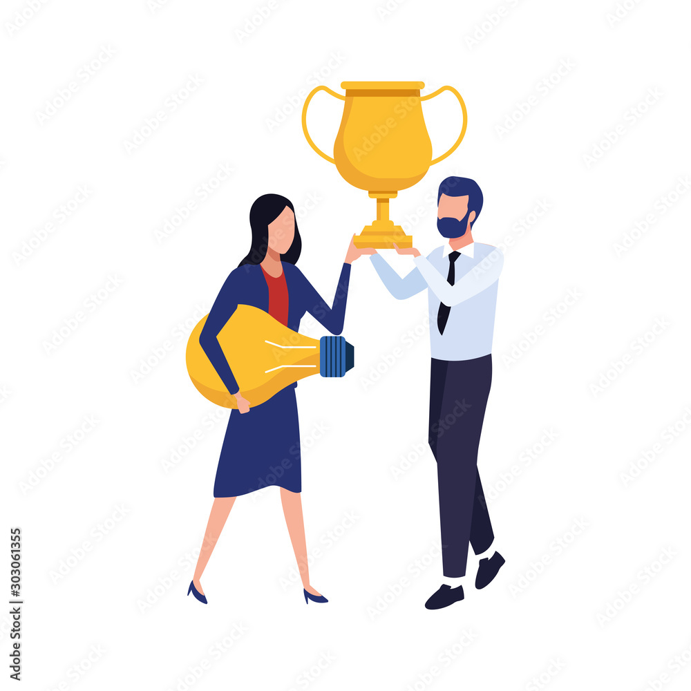 avatar business man holding a trophy and woman holding a light bulb