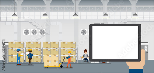 Empty screen tablet in warehouse