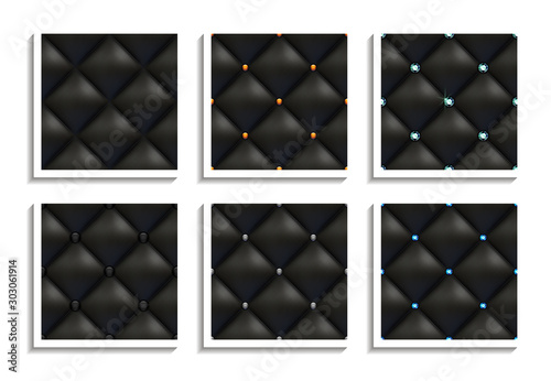 Seamless vector patterns of black leather upholstery with gold, silver, diamond buttons. Luxury textures of vintage furniture