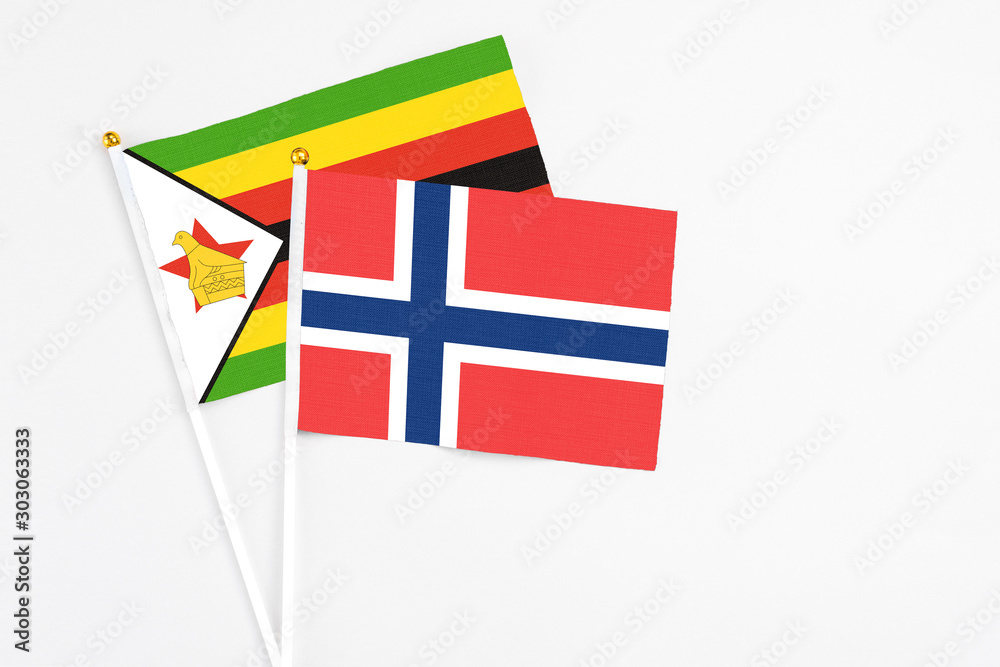 Norway and Zimbabwe stick flags on white background. High quality fabric, miniature national flag. Peaceful global concept.White floor for copy space.