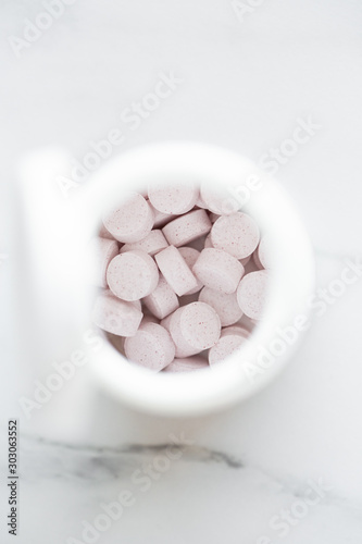 Medicine Pills or drugs on marble background with copy space