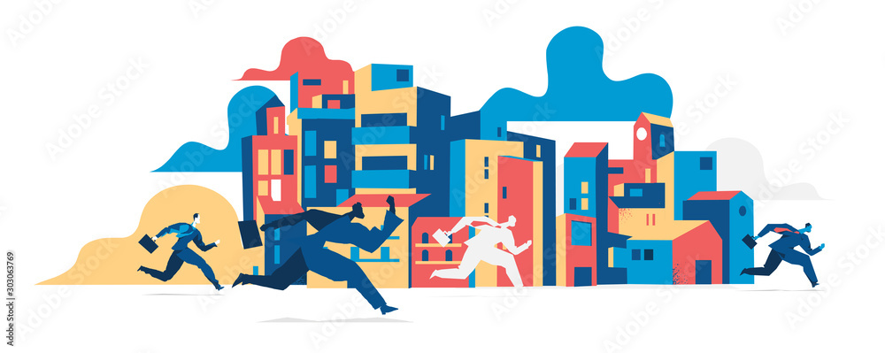 Obraz premium Silhouettes of business people running with briefcases in the city. Vector illustration isolated on white background 