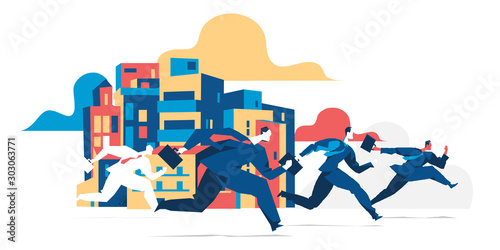 A group of running businessmen with briefcases in the city. Vector illustration isolated on white background