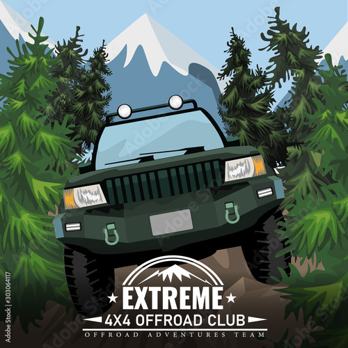 Offroad suv car with front view template with label, emblem, badge or logo for social network cover or story. Vector illustration.