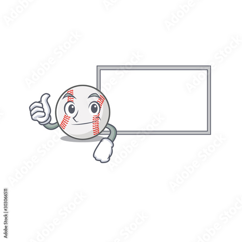 Cartoon baseball with in a character thumbs up with board