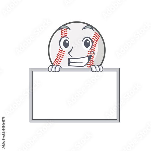 Cartoon baseball with in a character grinning with board