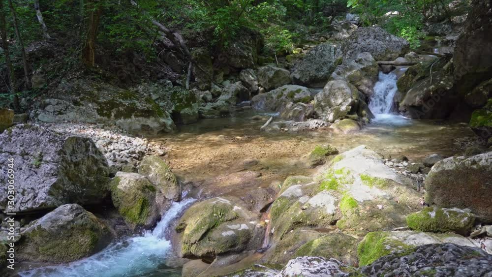 Beautiful mountain waterfall. River flow through the forest along a mountain gorge. Transparent mountain stream in the forest. The noise of the river over the stones. Beautiful mountain waterfall. River flow through the forest along a mountain gorge. Transparent mountain stream in the forest. The noise of the river over the stones.