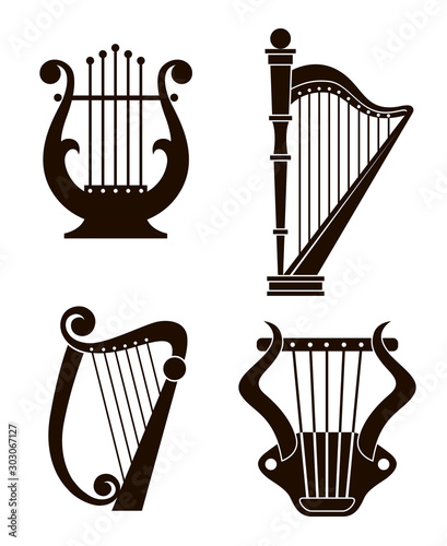ancient harp and lyre icons collection isolated on white background