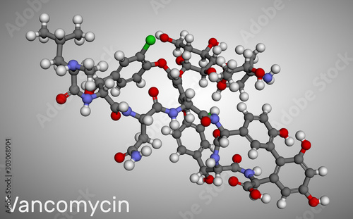 Vancomycin molecule. It is is an antibiotic used to treat bacterial infections. Molecular model.