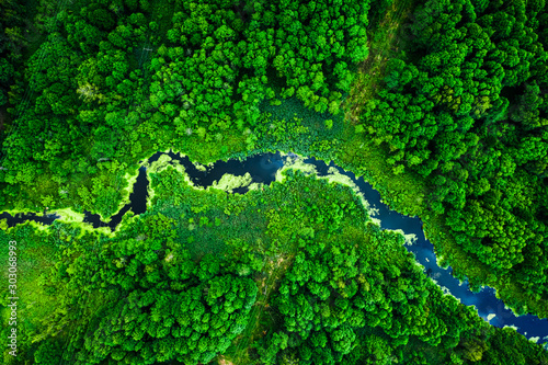 Amazing blooming algae on green river, aerial view