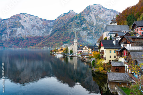 Scenic of Hallstatt mountain village in the Austrian , salzburg / autumn