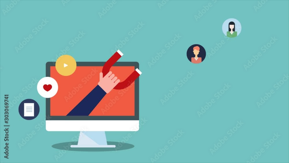 Hand with big magnet attracting new leads, inbound marketing strategy concept. 2d animation, video clip.