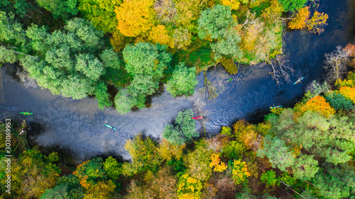 Aerial view of Kayaking on autumn river, Poland