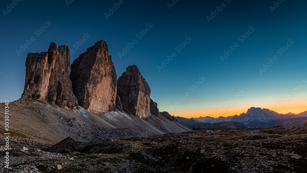 Majestic panorama of Tre Cime di lavaredo at dusk, Dolomites