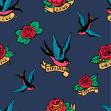 Seamless pattern with swallows and roses in old school tattoo style. For poster, card, banner, flyer.