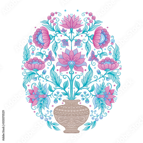 Tradition mughal motif, fantasy flowers in retro, vintage style. Element for design. Vector illustration. Isolated on white background..