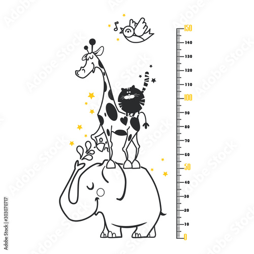 Kids height ruler with a elephant, a hippo, a giraffe, a cat for wall decals, wall stickers - Vector