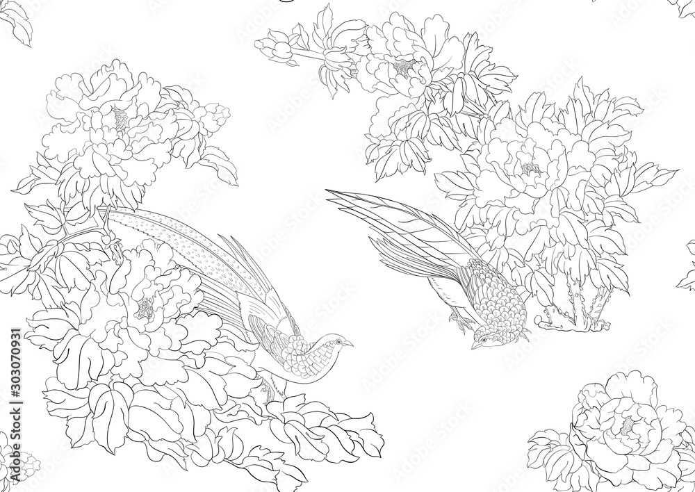 Peony tree branch with flowers with pheasants in the style of Chinese painting on silk Seamless pattern, background. Outline hand drawing vector illustration.. Peony tree branch with flowers with pheasants in the style of Chinese painting on silk Seamless pattern, background. Outline hand drawing vector illustration..