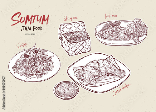Somtum Collection, Thai food. Hand draw sketch vector.