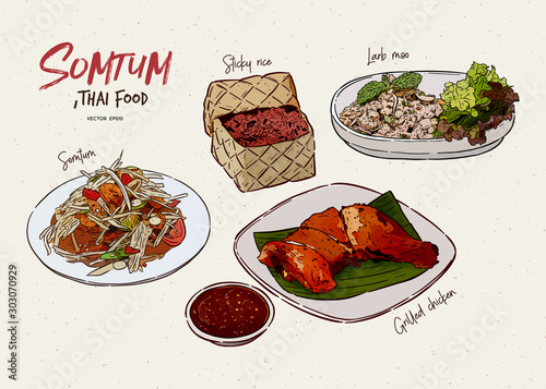 Somtum Collection, Thai food. Hand draw sketch vector.