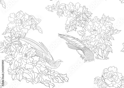 Peony tree branch with flowers with pheasants in the style of Chinese painting on silk Seamless pattern, background. Outline hand drawing vector illustration..