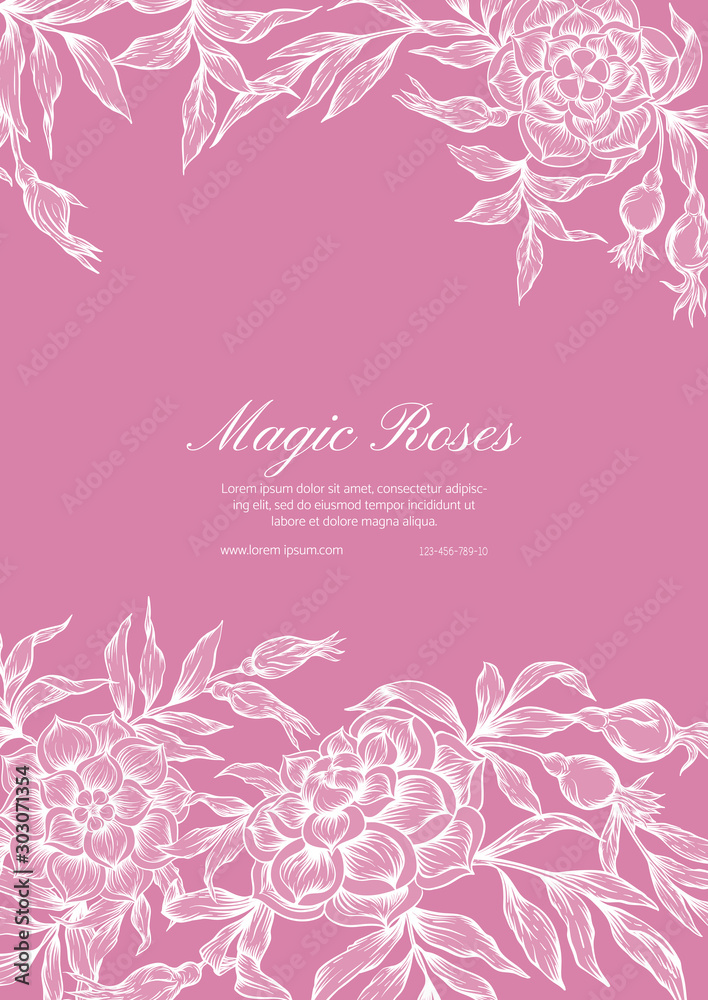 Roses Template for wedding invitation, greeting card, banner, gift voucher, label. Graphic drawing, engraving style. Vector illustration