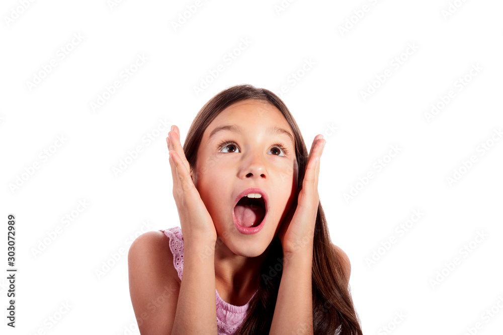 Portrait of surprised, excited, shocked teenage girl looking up isolated on white background Portrait of surprised, excited, shocked teenage girl looking up isolated on white background