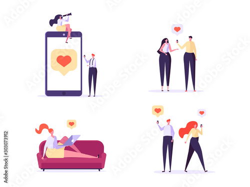 Concept of online dating, virtual relationship and social networking. Young couple of man and woman meeting online. Vector illustration in flat design, can use for landing page, template, ui, web
