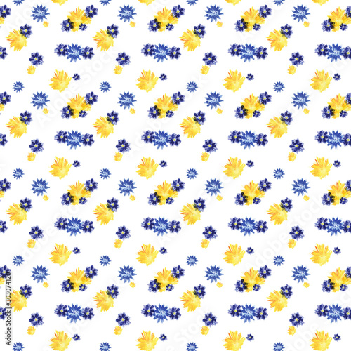 PrintWatercolor flowers seamless pattern. Yellow, blue, wildflowers. Wrapping paper. Print for fabric. Summer pattern print. Hand drawn watercolor illustration photo