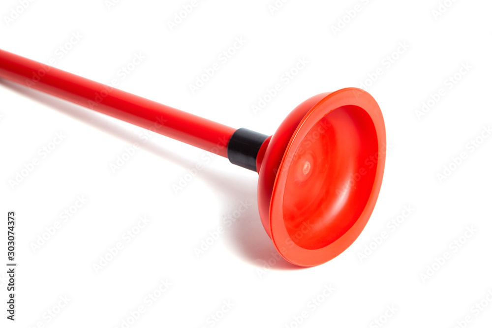 Rubber plunger with red handle isolated on white background. Tool for cleaning drain clogs Rubber plunger with red handle isolated on white background. Tool for cleaning drain clogs