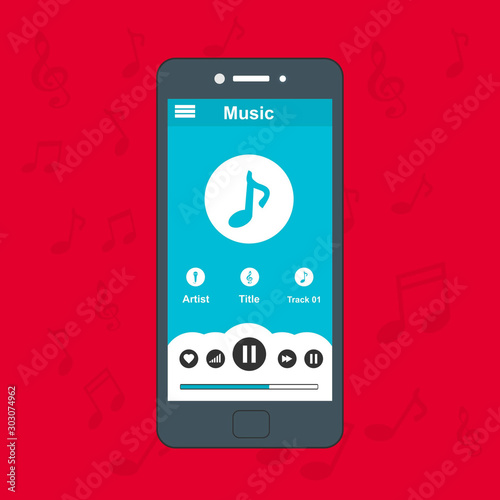 Mobile music application with smartphone icon interface with panel control in modern flat design template