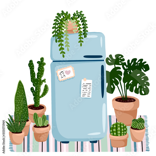 Stylish scandic living room interior - hygge retro fridge and plants. Home lagom decorations. Cozy season. Modern comfy apartment furnished in hygge style. Vector illustration