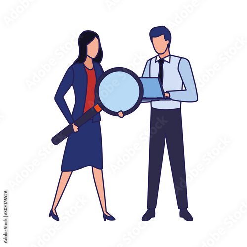 avatar businessman and businesswoman holding a big magnifying glass