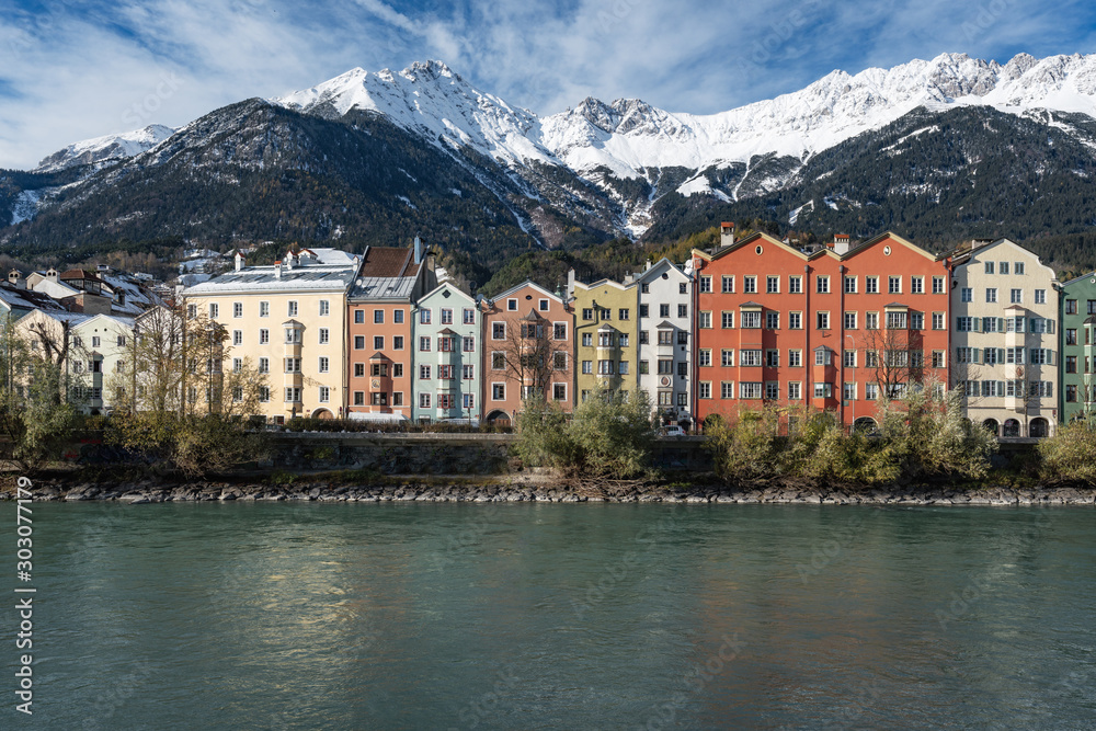 Fototapeta premium Colorful houses and Alps Mountains - Innsbruck, Tyrol, Austria