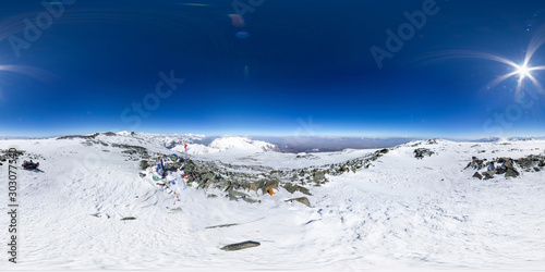 Spherical panorama of the Pamir mountain. Summit of Lenin Peak to an altitude of 7134 meters. Spherical panorama 360 degrees 180 Mountain hiker to climb a mountain of snow couloir.