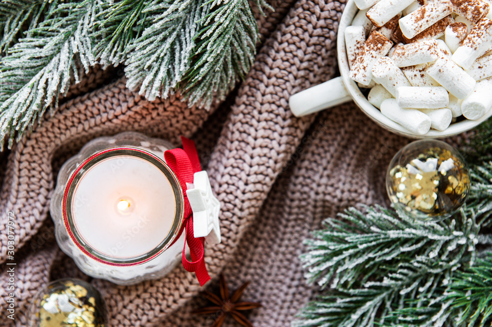 Christmas composition with cup of hot chocolate and decorations Christmas composition with cup of hot chocolate and decorations