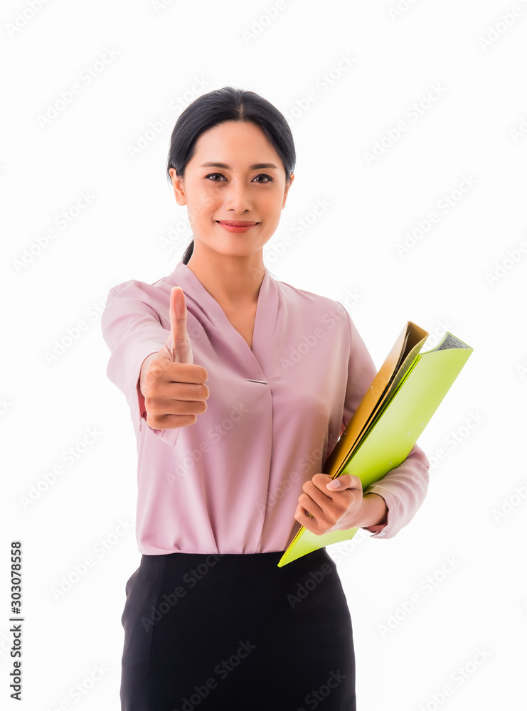 Beautiful Asian business woman one person standing smiling happiness holding work file folder and thumbs up Beautiful Asian business woman one person standing smiling happiness holding work file folder and thumbs up