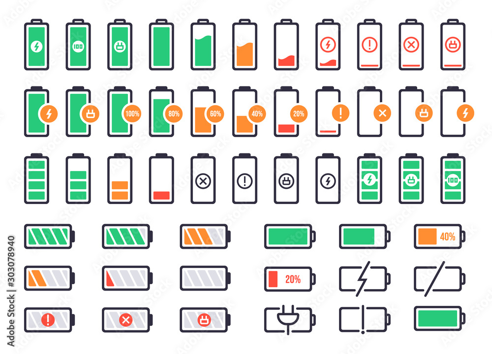 Battery charging logo. Charge power level, smartphone accumulator energy status. Cell phone battery signal indicators vector isolated icons set. Collection of device charge process icons - obrazy, fototapety, plakaty 