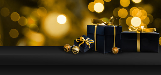 Black Friday Super Sale. Shelf and podium with realistic black gifts boxes with gold bows. Dark background golden text lettering. Horizontal banner, poster, header website