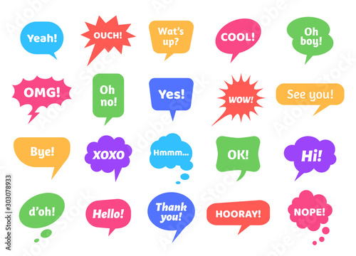 Bubble labels. Abstract doodle speech bubbles with different phrases, text labels and empty thought clouds modern vector icons set. Bright dialogue clouds pack isolated on white background