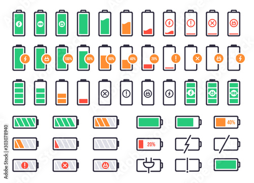 Battery charging logo. Charge power level, smartphone accumulator energy status. Cell phone battery signal indicators vector isolated icons set. Collection of device charge process icons