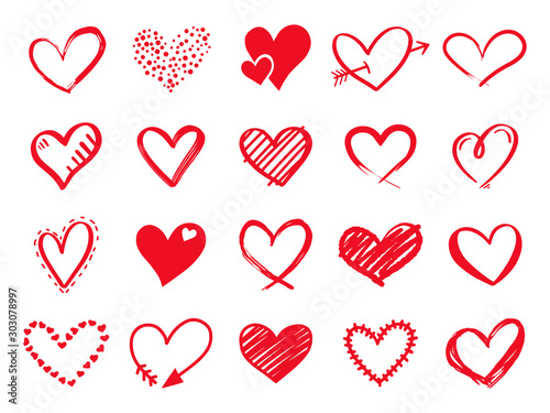 Hand drawn scribble hearts. Painted heart shaped elements for valentines day greeting card. Doodle red love hearts isolated vector icons set. Romantic sticker pack. Dotted and brush hearts