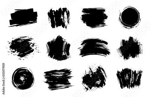 Graphic texture elements. Grunge stroke, artistic texture brush strokes, dirty line design element vector isolated set. Collection of black stains and smears. Gouache brushpaints on white background photo