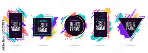 Stain frame with text elements. Grunge paint brush stroke frames, dynamic box for text, modern geometric frame design vector isolated set. Round, triangle, square and rectangular frames with splashes photo