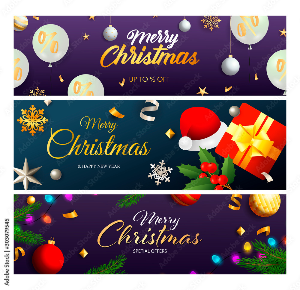 Naklejka premium Merry Christmas Sale banner set with balloons