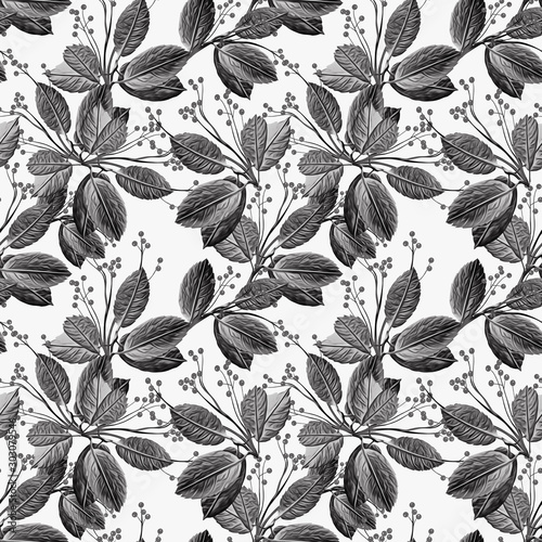 Twigs and leaves with berries  seamless pattern.