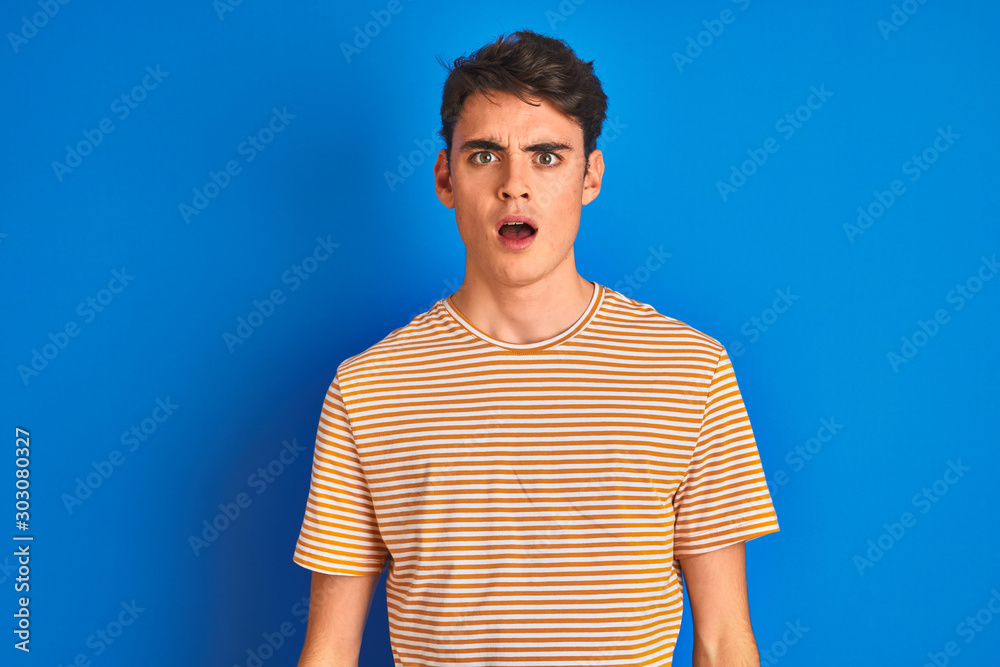 Teenager boy wearing casual t-shirt standing over blue isolated background afraid and shocked with surprise expression, fear and excited face. Teenager boy wearing casual t-shirt standing over blue isolated background afraid and shocked with surprise expression, fear and excited face.