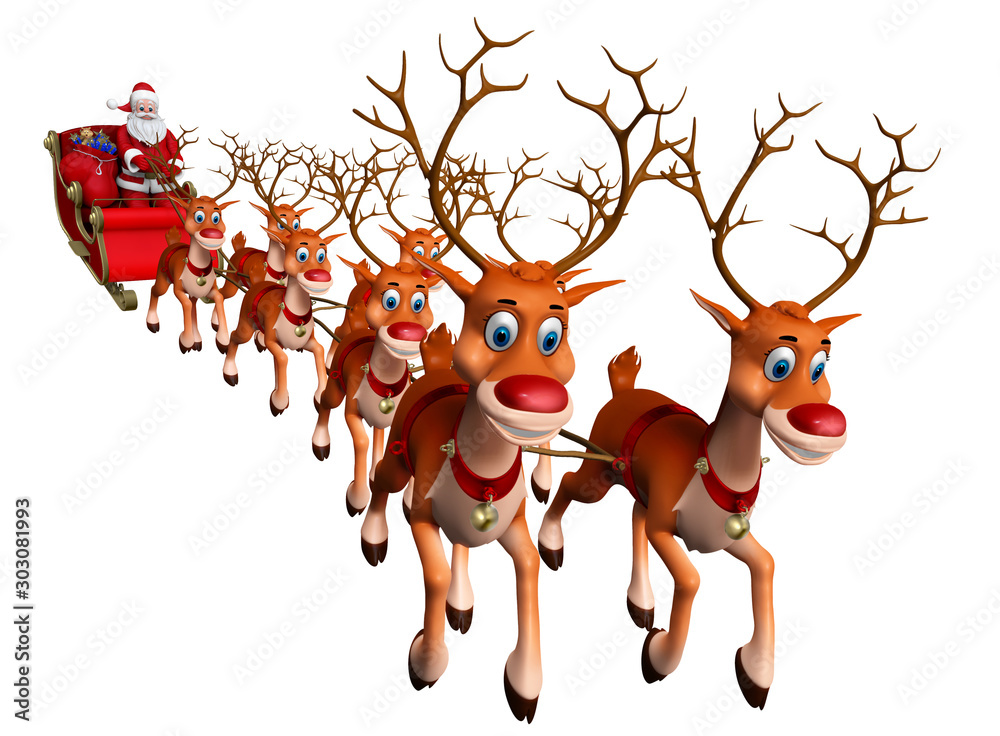 Fototapeta premium 3D Illustration of Santa Claus rides reindeer sleigh