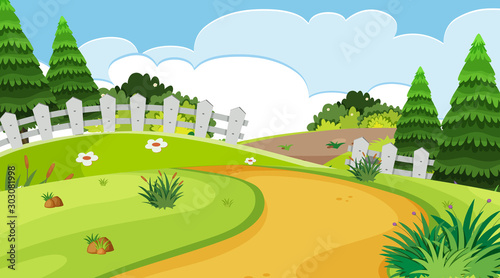 Nature scene with road and fence in the park