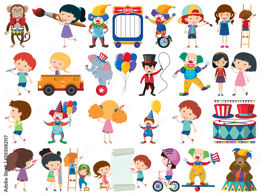 Large set of isolated objects of kids and circus Large set of isolated objects of kids and circus